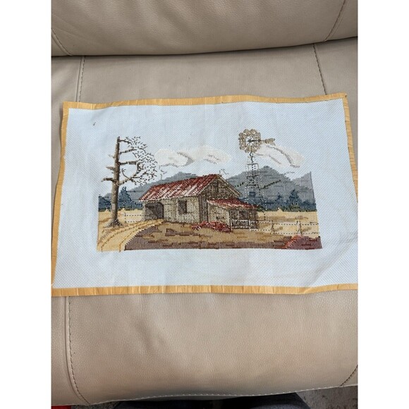 Vintage Large Embroidery Needlepoint 18x12 Crewel Yarn Art Barn And Windmill - Picture 3 of 5